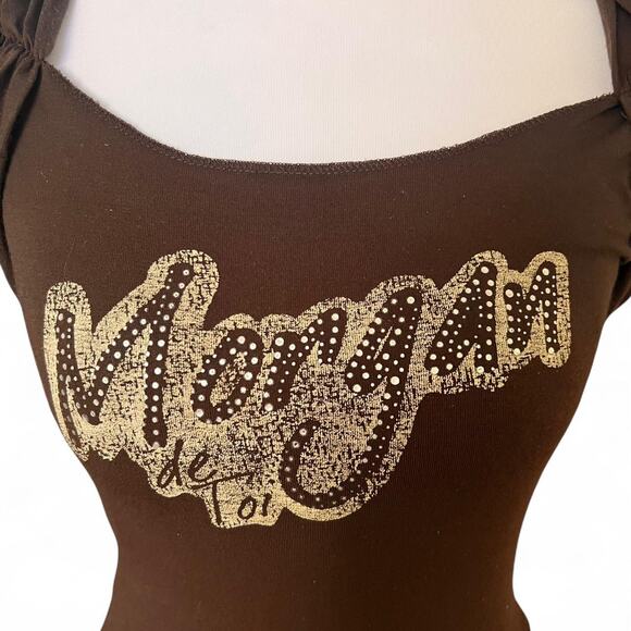 Morgan de Toi Paris Y2K Brown Rhinestone Logo Stretch Top Size XS France - Picture 4 of 8